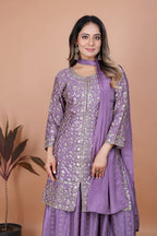 Prazu Fashion Lavender Chinon Silk Embroidered Sharara Suit | Grocsy
