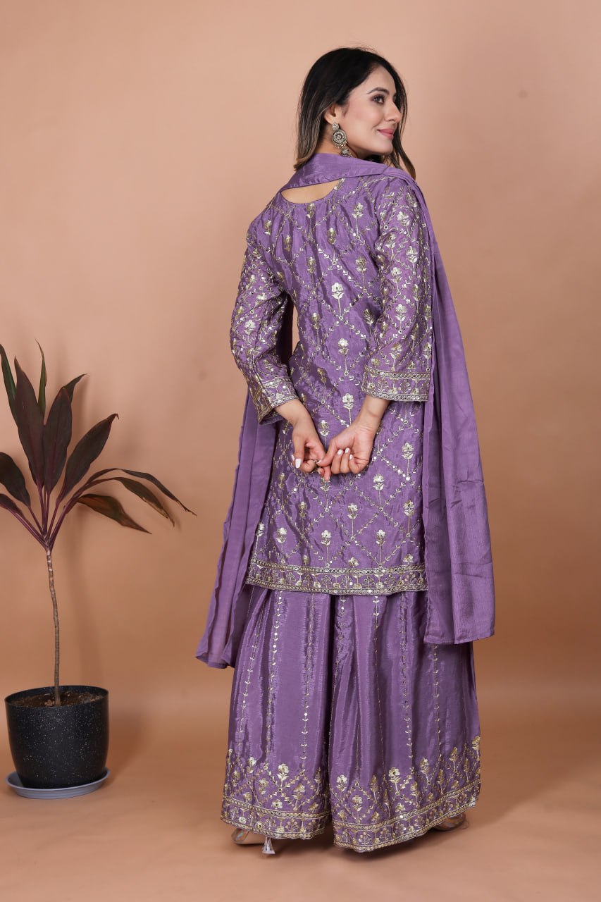 Prazu Fashion Lavender Chinon Silk Embroidered Sharara Suit | Grocsy