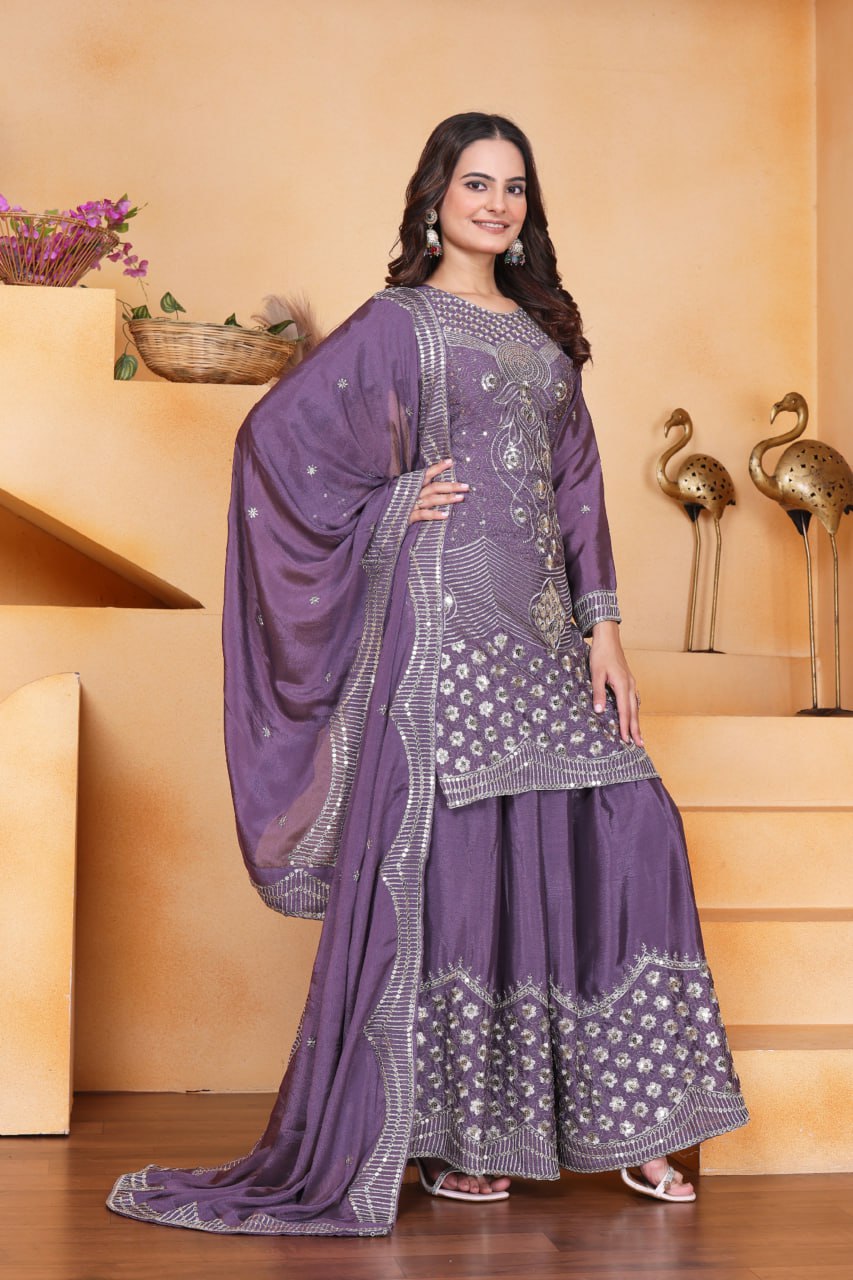 Prazu Fashion Lavender Chinon Silk Embroidered Designer Sharara Suit | Grocsy
