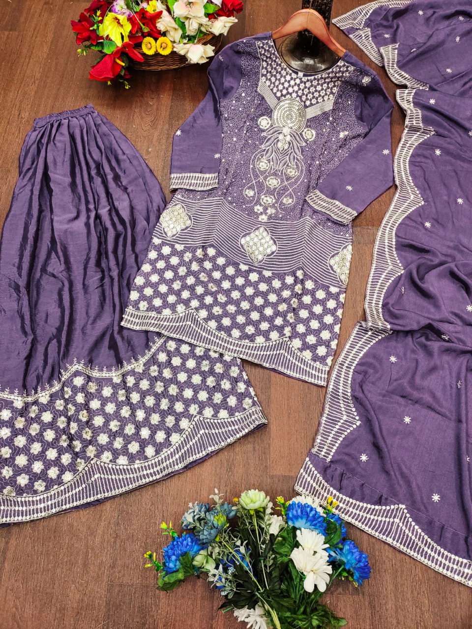 Prazu Fashion Lavender Chinon Silk Embroidered Designer Sharara Suit | Grocsy