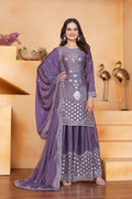 Prazu Fashion Lavender Chinon Silk Embroidered Designer Sharara Suit | Grocsy