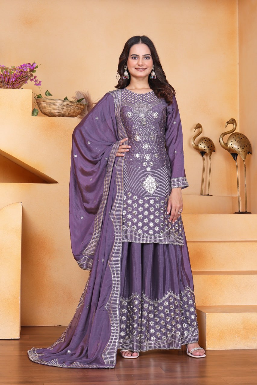 Prazu Fashion Lavender Chinon Silk Embroidered Designer Sharara Suit | Grocsy