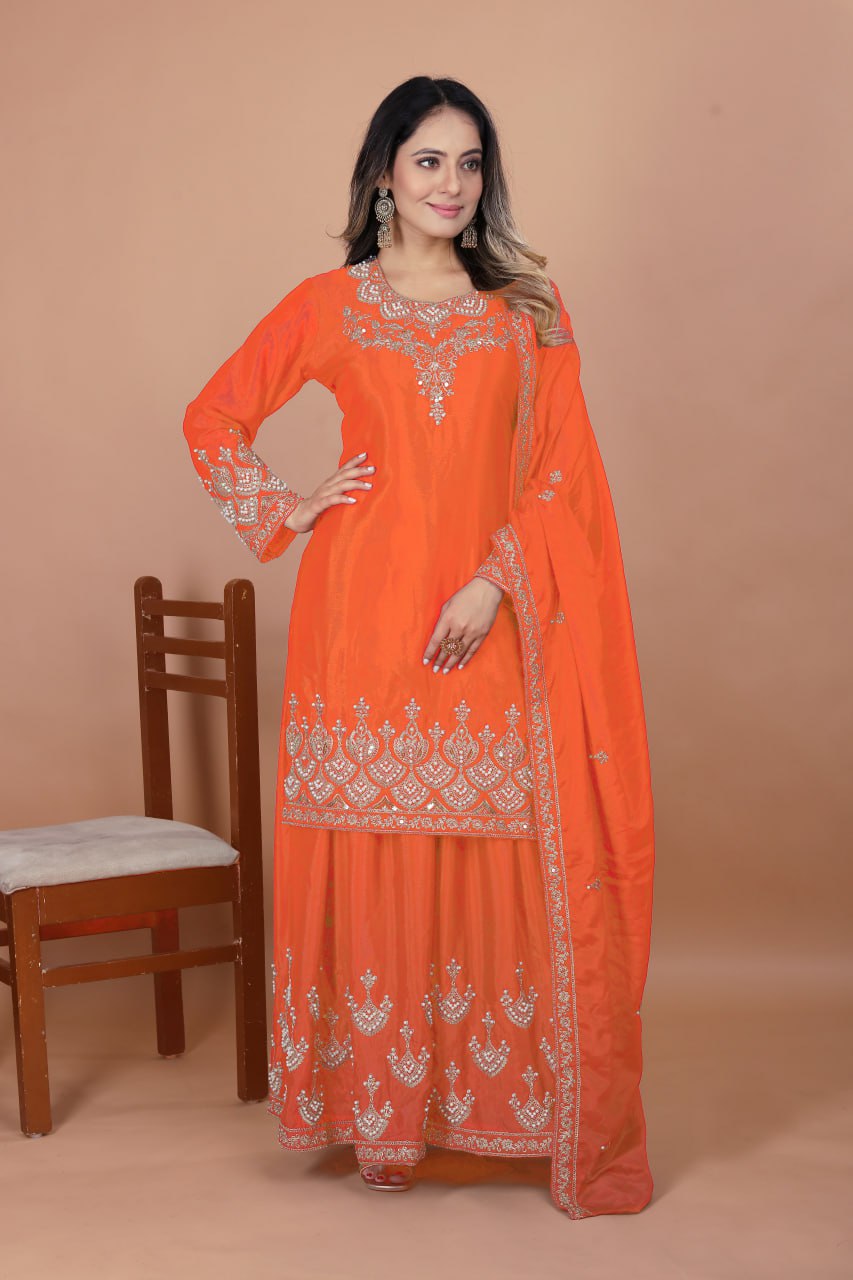 Lehenga Mart Premium Readymade Top Sharara With Dupatta Set For Women-Orange | Grocsy