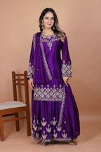 Prazu Fashion Violet Chinon Silk Embroidered Rivet Moti Work Sharara Suit | Grocsy