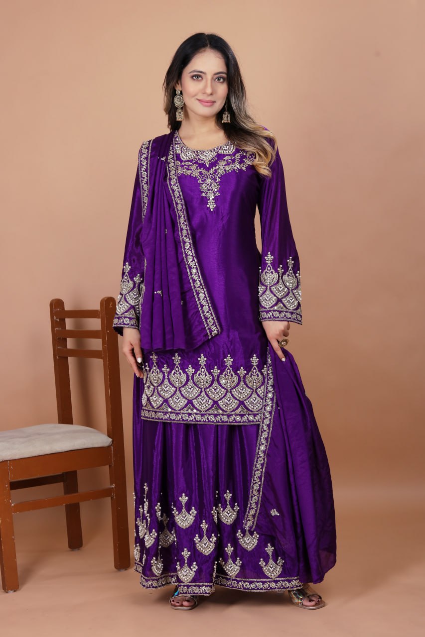 Prazu Fashion Violet Chinon Silk Embroidered Rivet Moti Work Sharara Suit | Grocsy