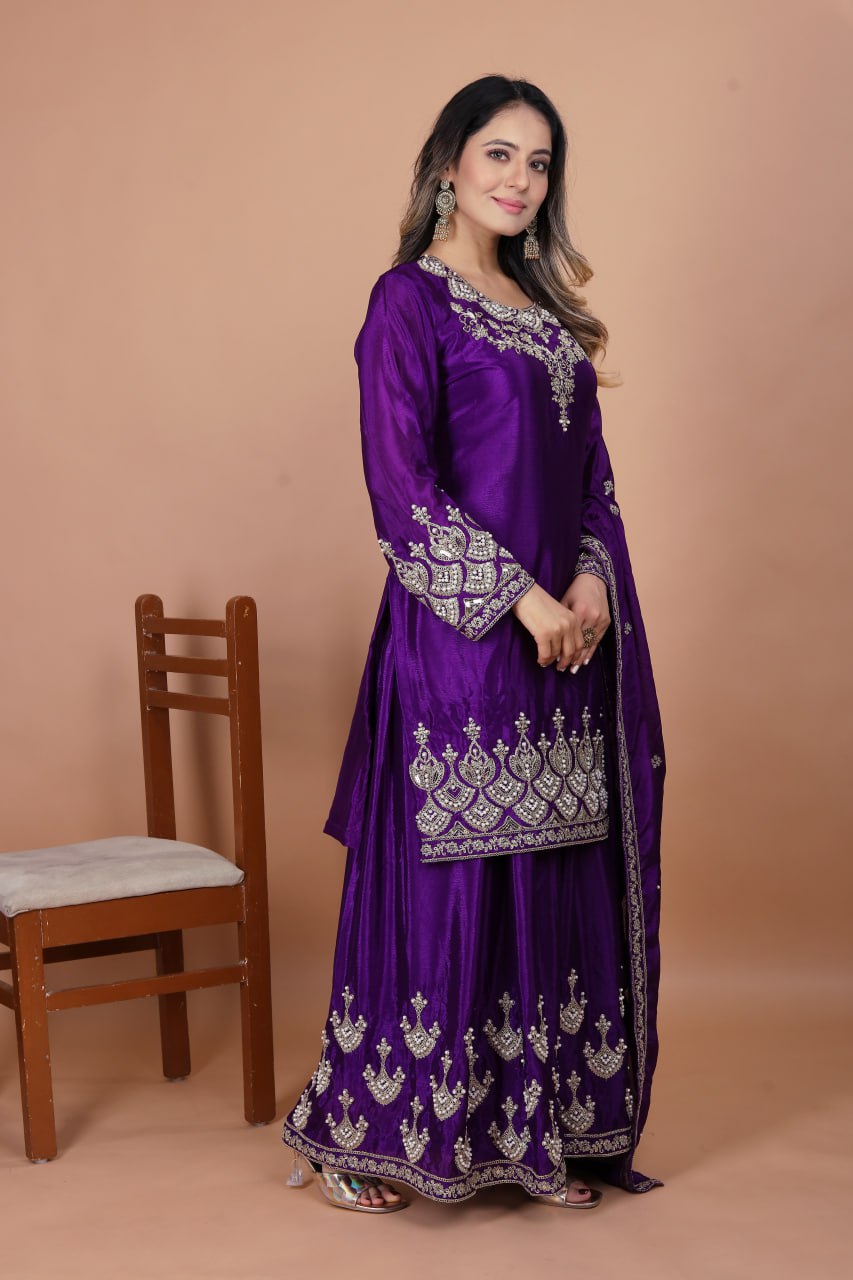 Prazu Fashion Violet Chinon Silk Embroidered Rivet Moti Work Sharara Suit | Grocsy