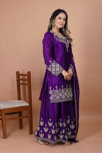 Prazu Fashion Violet Chinon Silk Embroidered Rivet Moti Work Sharara Suit | Grocsy