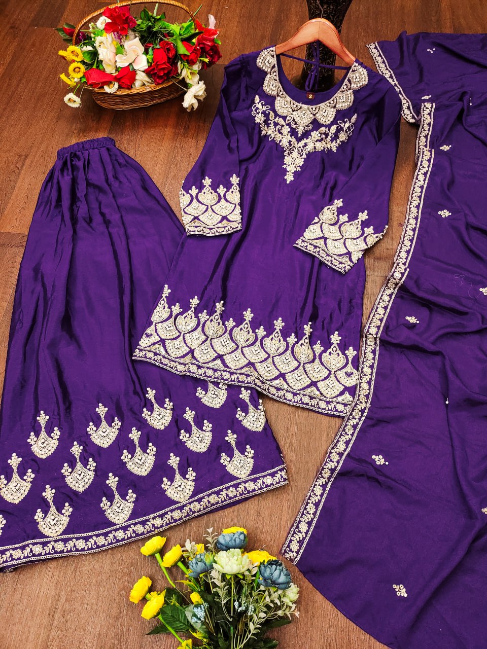 Prazu Fashion Violet Chinon Silk Embroidered Rivet Moti Work Sharara Suit | Grocsy