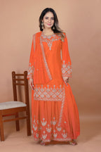 Prazu Fashion Orange Chinon Silk Embroidered Designer Sharara Suit | Grocsy