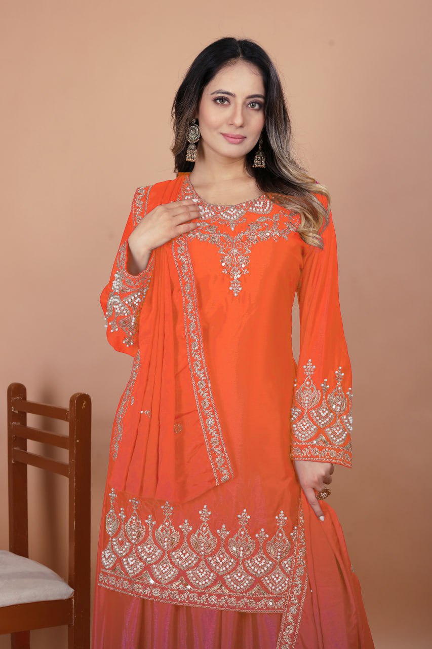 Prazu Fashion Orange Chinon Silk Embroidered Designer Sharara Suit | Grocsy