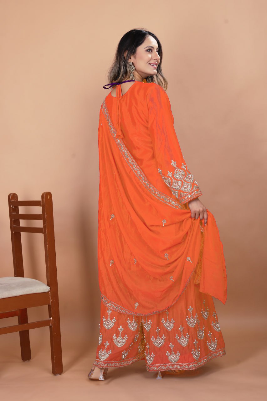 Prazu Fashion Orange Chinon Silk Embroidered Designer Sharara Suit | Grocsy