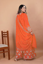 Prazu Fashion Orange Chinon Silk Embroidered Designer Sharara Suit | Grocsy