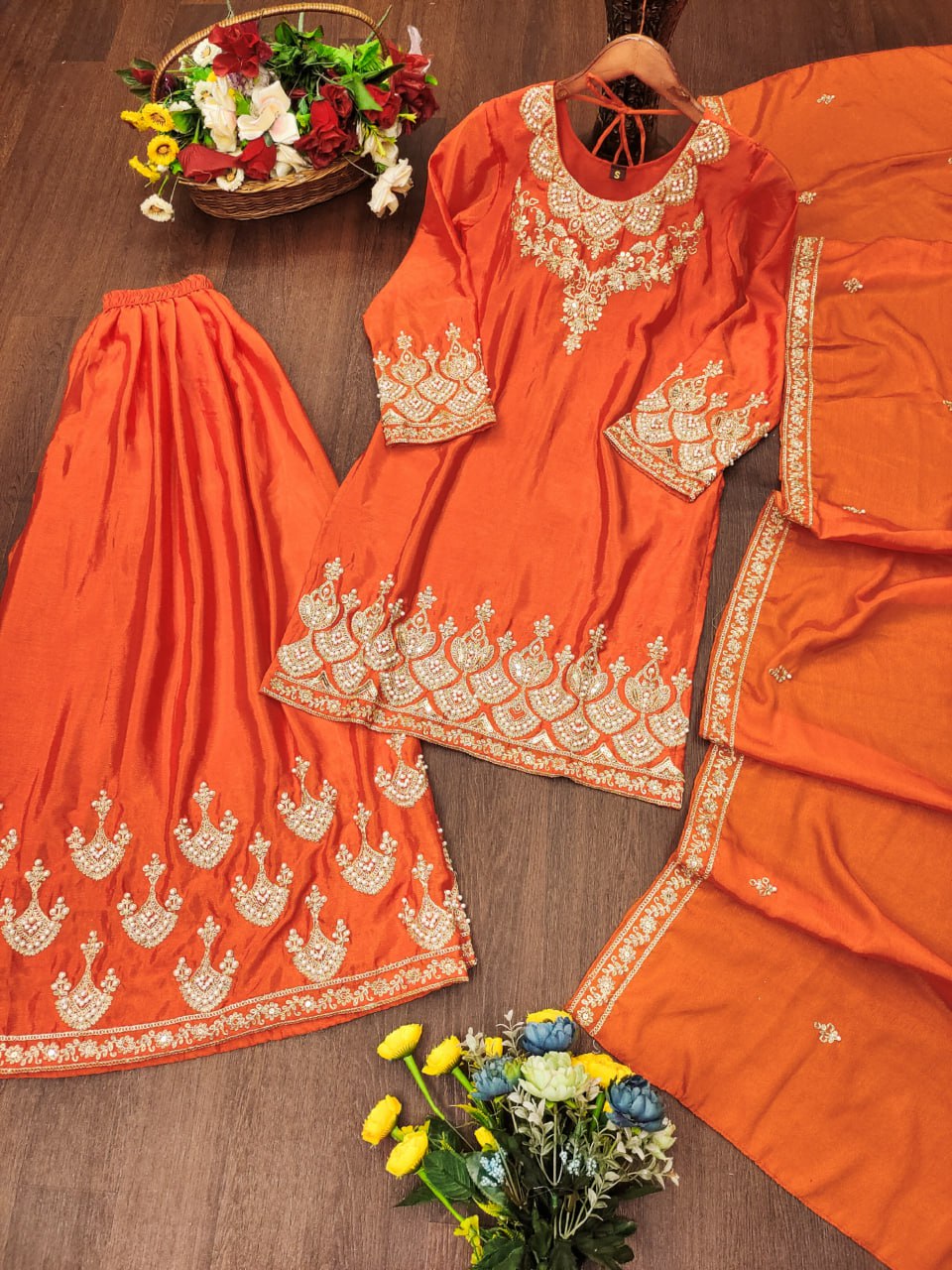 Prazu Fashion Orange Chinon Silk Embroidered Designer Sharara Suit | Grocsy