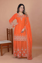Prazu Fashion Orange Chinon Silk Embroidered Designer Sharara Suit | Grocsy