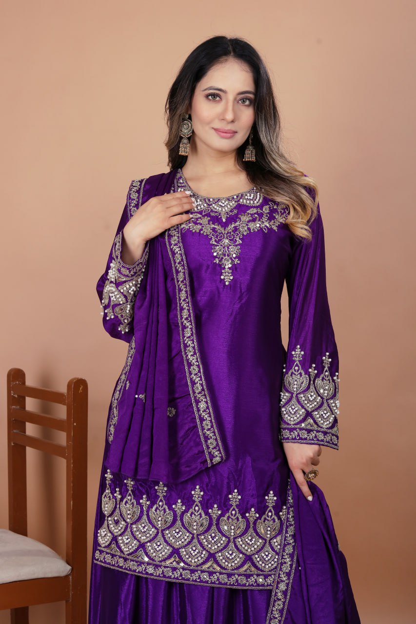 Prazu Fashion Violet Chinon Silk Embroidered Designer Sharara Suit | Grocsy