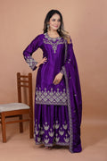 Prazu Fashion Violet Chinon Silk Embroidered Rivet Moti Work Sharara Suit | Grocsy