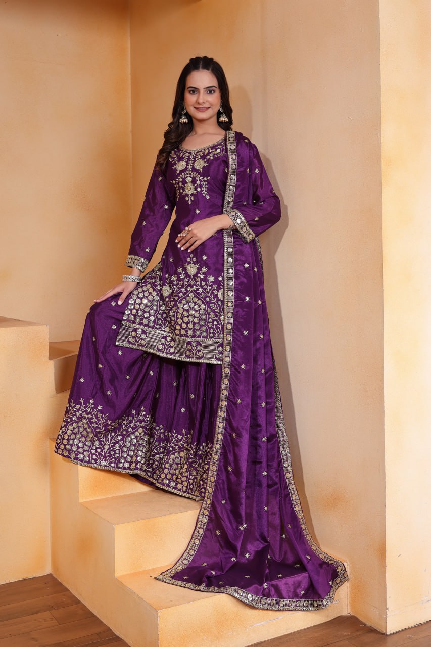 Prazu Fashion Violet Chinon Silk Embroidered Designer Sharara Suit | Grocsy