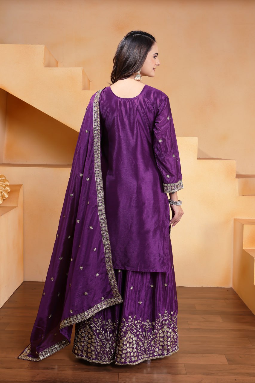 Prazu Fashion Violet Chinon Silk Embroidered Designer Sharara Suit | Grocsy