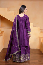 Prazu Fashion Violet Chinon Silk Embroidered Designer Sharara Suit | Grocsy