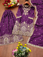 Prazu Fashion Violet Chinon Silk Embroidered Designer Sharara Suit | Grocsy