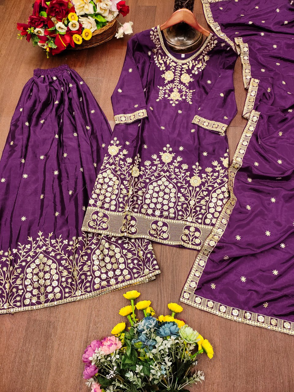 Prazu Fashion Violet Chinon Silk Embroidered Designer Sharara Suit | Grocsy