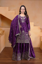 Prazu Fashion Violet Chinon Silk Embroidered Designer Sharara Suit | Grocsy