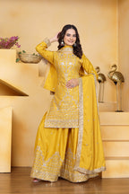 Prazu Fashion Yellow Crepe Silk Embroidered Sharara Suit | Grocsy