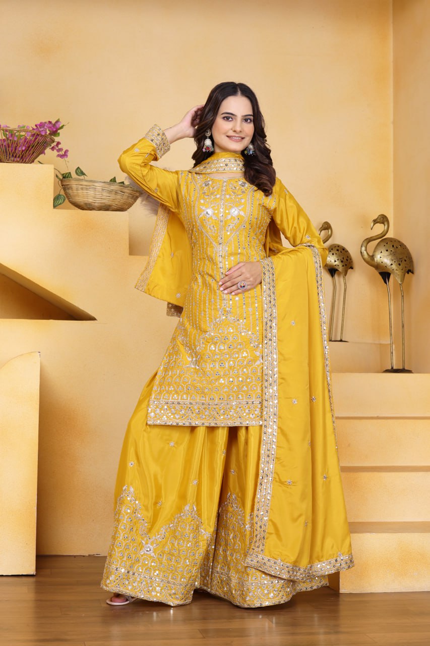 Prazu Fashion Yellow Crepe Silk Embroidered Sharara Suit | Grocsy