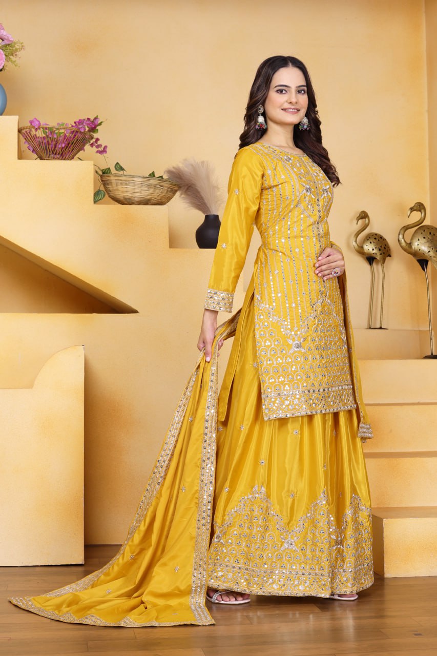 Prazu Fashion Yellow Crepe Silk Embroidered Sharara Suit | Grocsy