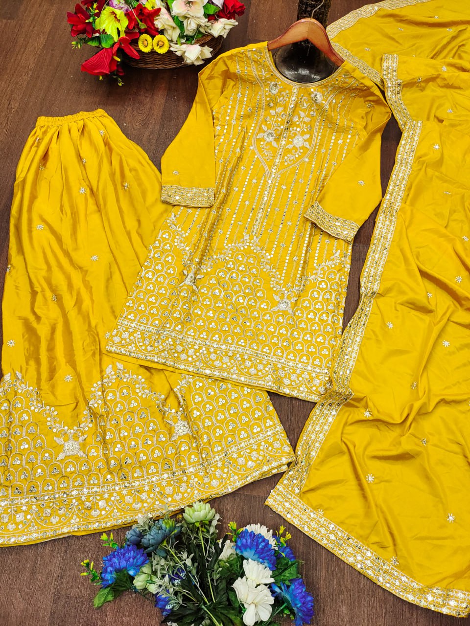 Prazu Fashion Yellow Crepe Silk Embroidered Sharara Suit | Grocsy