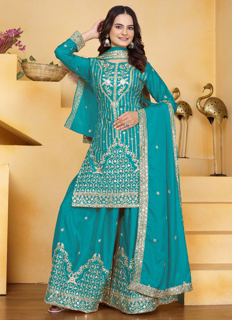 Prazu Fashion Firozi Crepe Silk Sequin Embroidered Sharara Suit | Grocsy