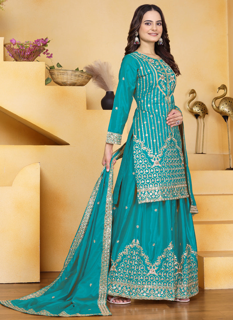 Prazu Fashion Firozi Crepe Silk Sequin Embroidered Sharara Suit | Grocsy