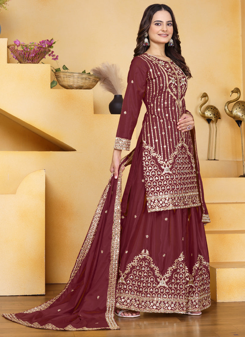Prazu Fashion Maroon Crepe Silk Sequin Embroidered Sharara Suit | Grocsy