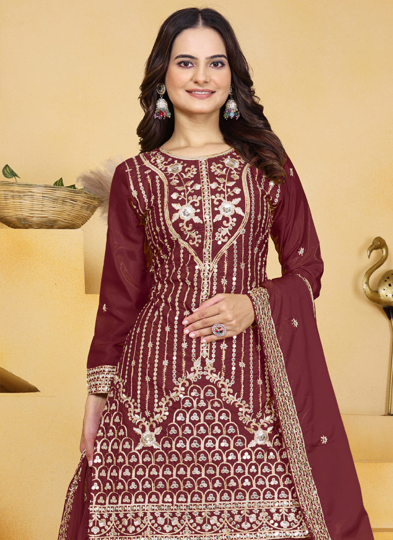 Prazu Fashion Maroon Crepe Silk Sequin Embroidered Sharara Suit | Grocsy