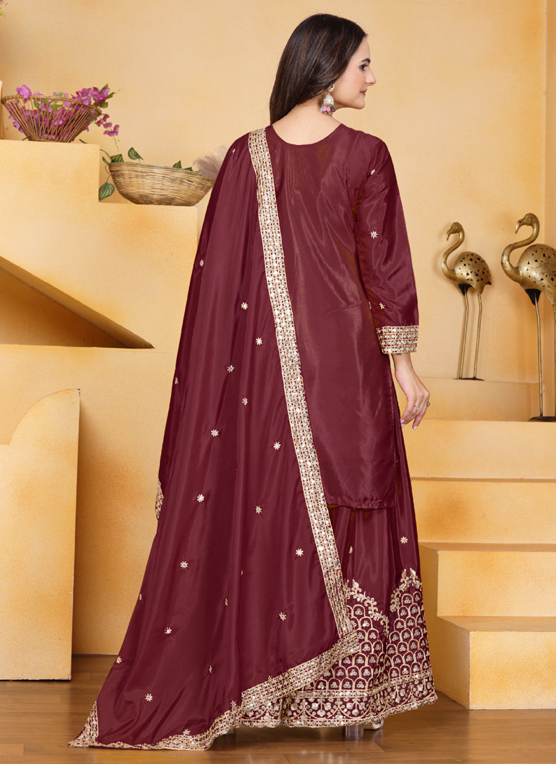 Prazu Fashion Maroon Crepe Silk Sequin Embroidered Sharara Suit | Grocsy