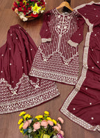 Prazu Fashion Maroon Crepe Silk Sequin Embroidered Sharara Suit | Grocsy