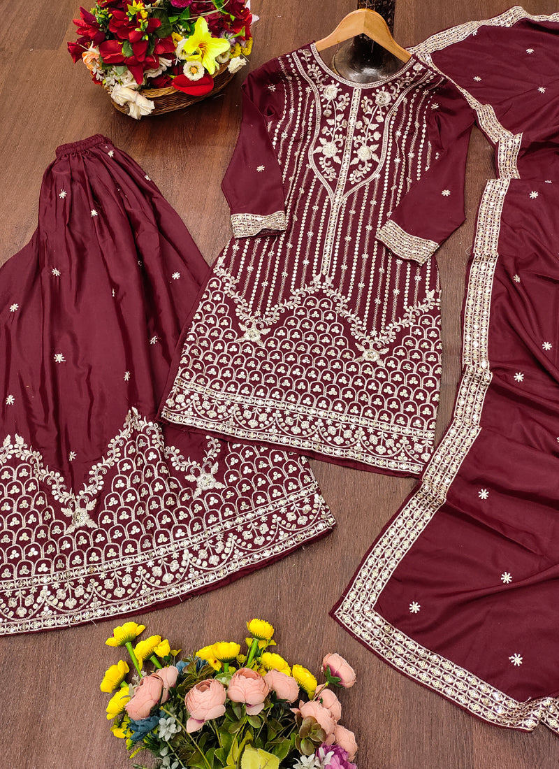 Prazu Fashion Maroon Crepe Silk Sequin Embroidered Sharara Suit | Grocsy