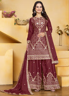 Prazu Fashion Maroon Crepe Silk Sequin Embroidered Sharara Suit | Grocsy