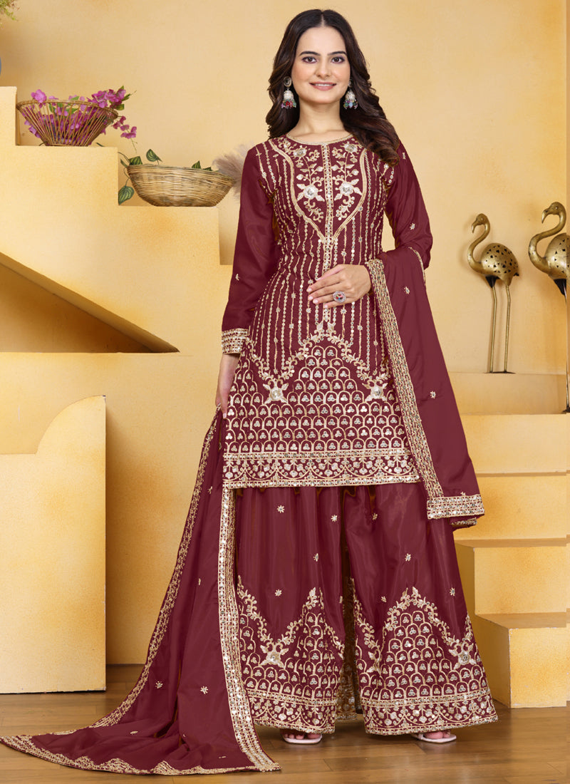 Prazu Fashion Maroon Crepe Silk Sequin Embroidered Sharara Suit | Grocsy