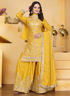 Prazu Fashion Yellow Crepe Silk Sequin Embroidered Sharara Suit | Grocsy