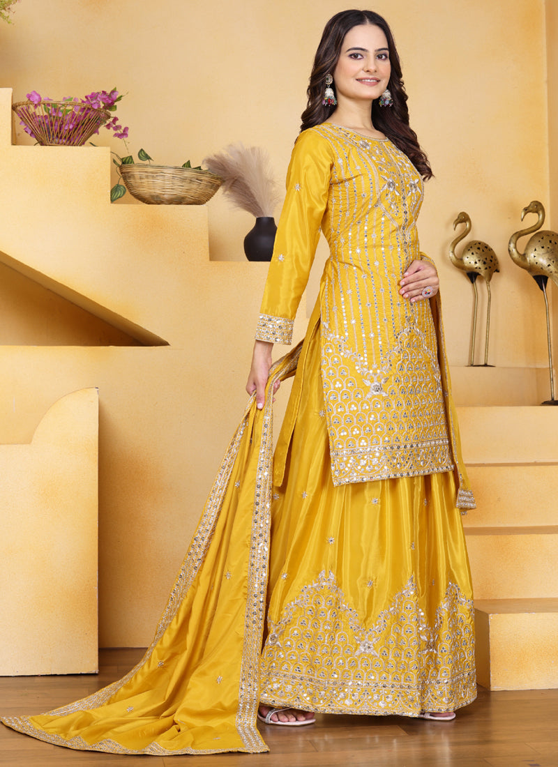 Prazu Fashion Yellow Crepe Silk Sequin Embroidered Sharara Suit | Grocsy