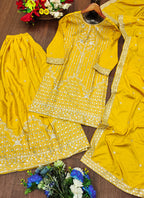 Prazu Fashion Yellow Crepe Silk Sequin Embroidered Sharara Suit | Grocsy