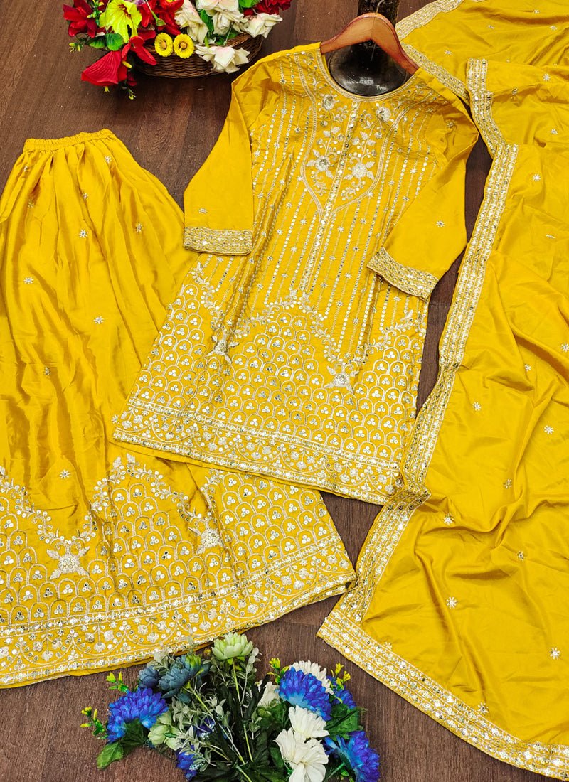 Prazu Fashion Yellow Crepe Silk Sequin Embroidered Sharara Suit | Grocsy