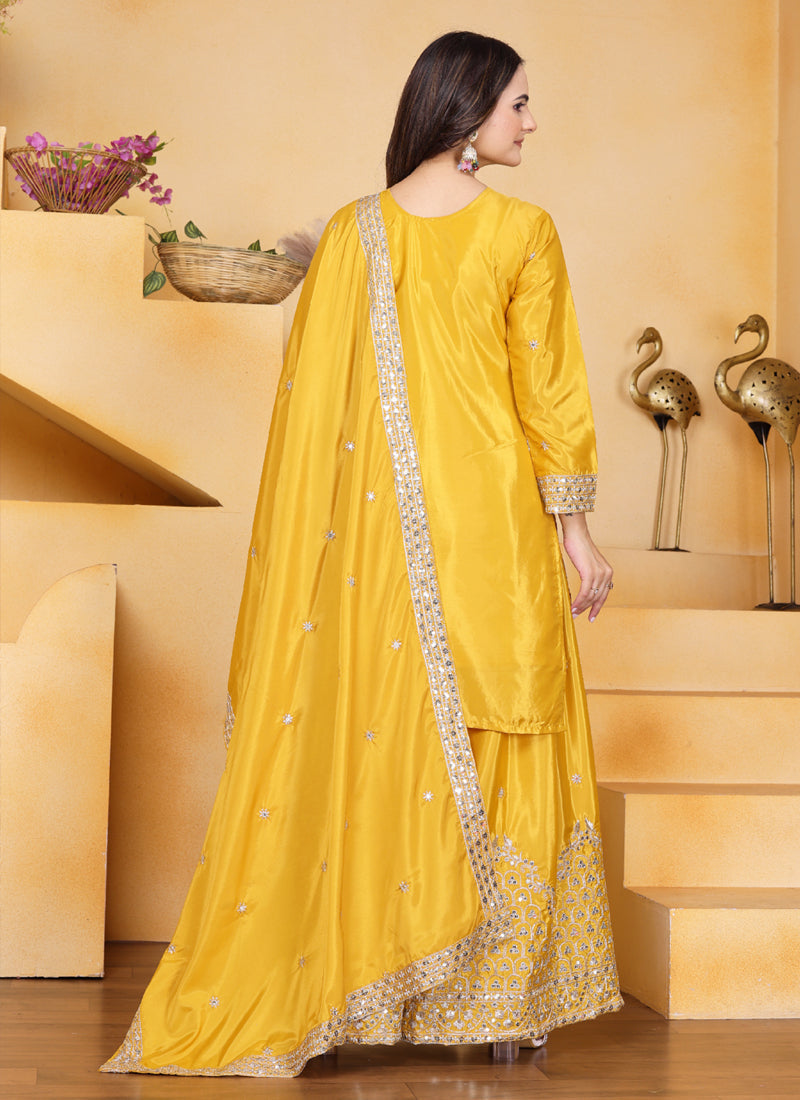 Prazu Fashion Yellow Crepe Silk Sequin Embroidered Sharara Suit | Grocsy
