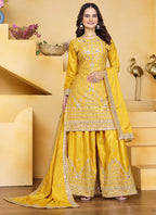 Prazu Fashion Yellow Crepe Silk Sequin Embroidered Sharara Suit | Grocsy