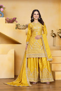 Prazu Fashion Yellow Crepe Silk Embroidered Sharara Suit | Grocsy