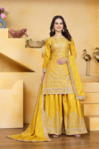 Prazu Fashion Yellow Crepe Silk Embroidered Sharara Suit | Grocsy