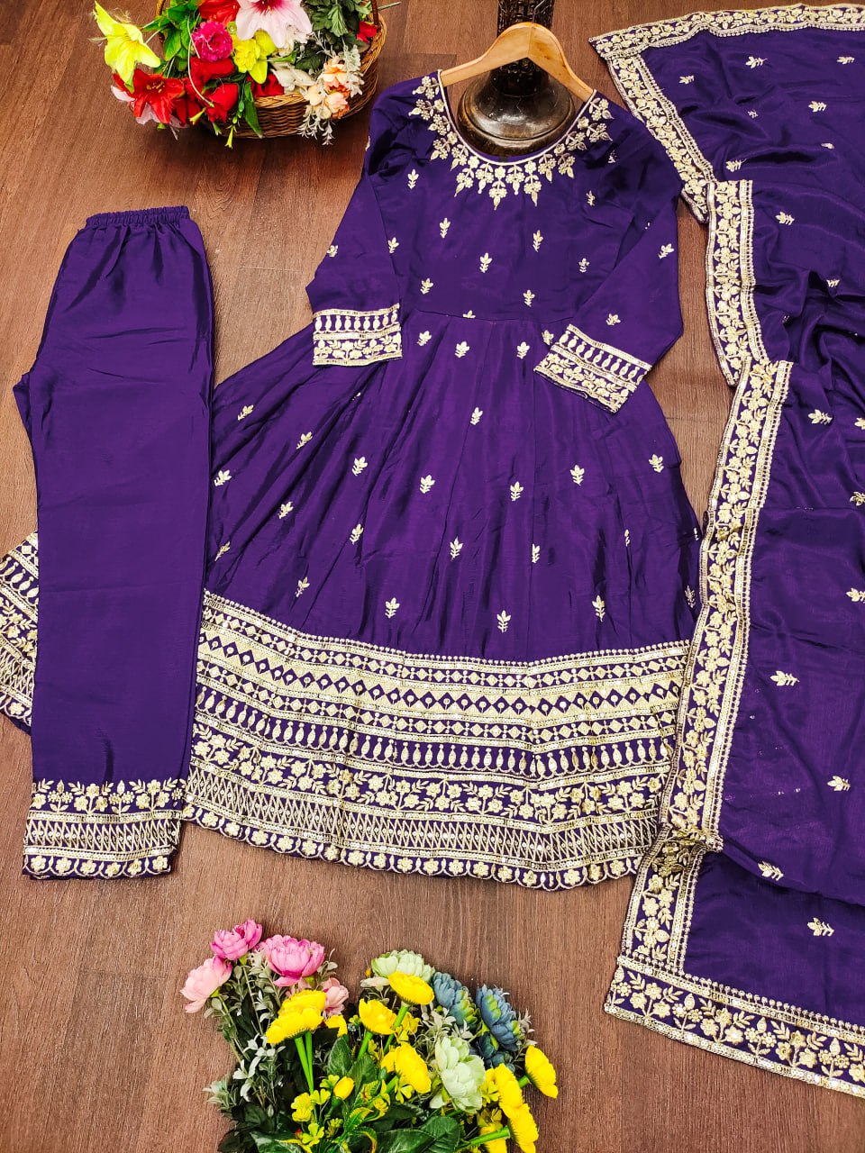 Prazu Fashion Violet Chinon Silk Embroidered Designer Anarkali Suit | Grocsy