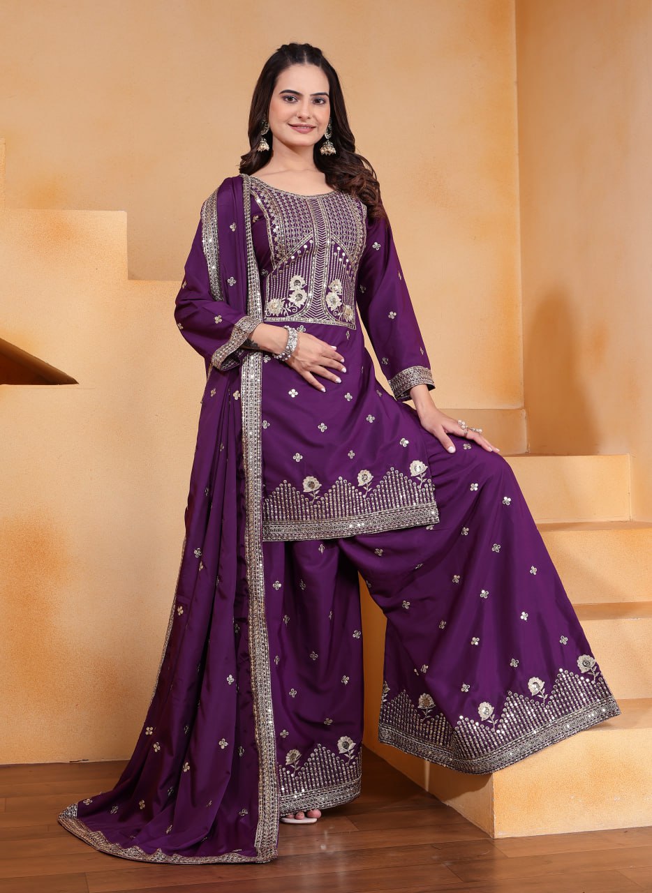 Prazu Fashion Purple Crepe Silk Embroidered Sharara Suit | Grocsy