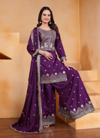 Prazu Fashion Purple Crepe Silk Embroidered Sharara Suit | Grocsy